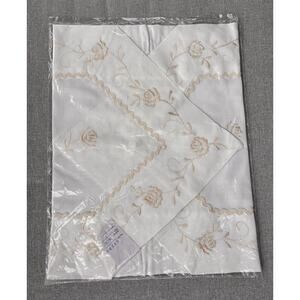 Vintage New White Hand Embroidery  Linen Table Runner Dresser Scarf 16x36 Floral